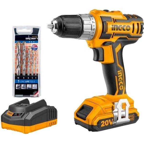 INGCO – Cordless Drill Kit & Alpen Masonry Drill Bit Set (5 Piece)