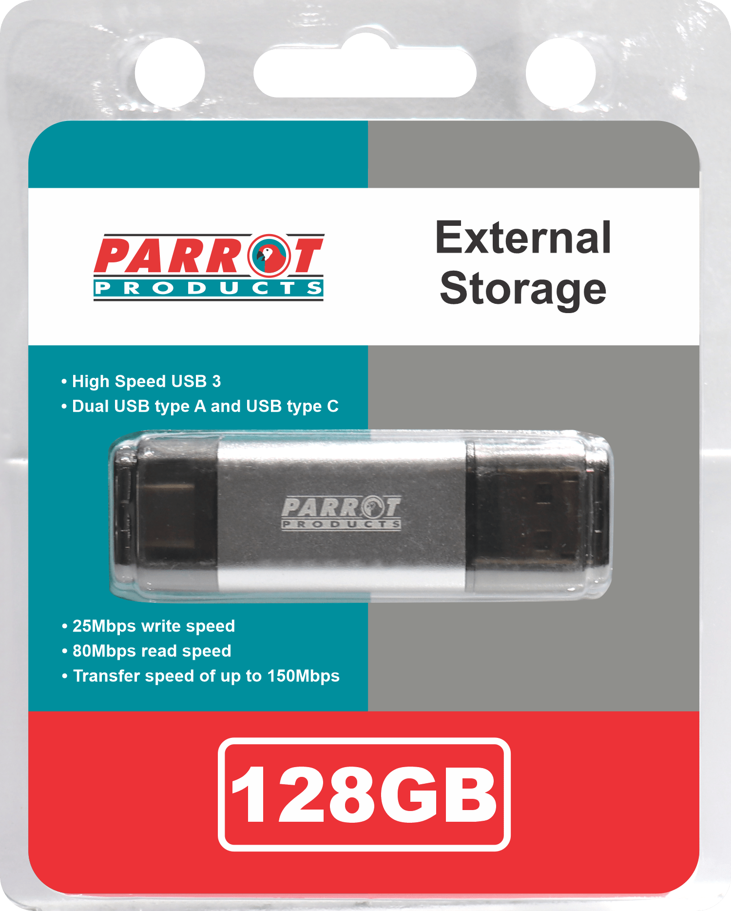 External Storage USB 3 Type A + USB C 128GB Flash Drive
