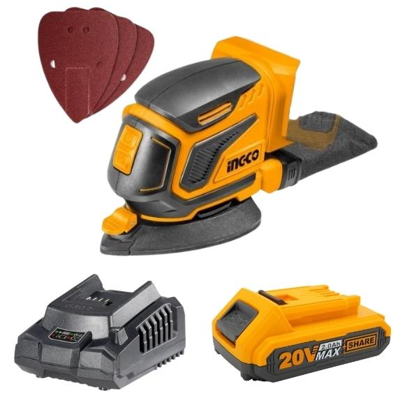 Ingco – Palm Sander with 3 x Sand Paper, Dust Bag , Battery 2.0Ah & Charger