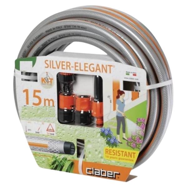 Claber – 15m Garden Hose Pipe (17mm) With Fittings – Silver Elegant Plus