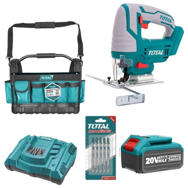Total – Jig Saw with 4.0Ah Battery, Charger, Tool Bag and Jig Saw Blades