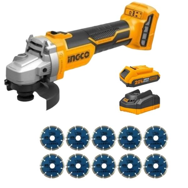 Ingco – Lithium-Ion Angle Grinder Combo Kit with 10pc Diamond Blades 115mm