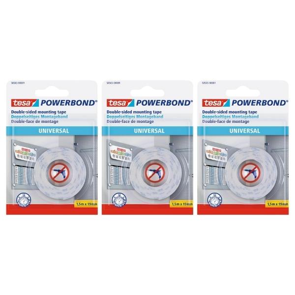 Tesa – Double Sided Mounting Tape 19mm x 1.5m – Universal – Pack of 3