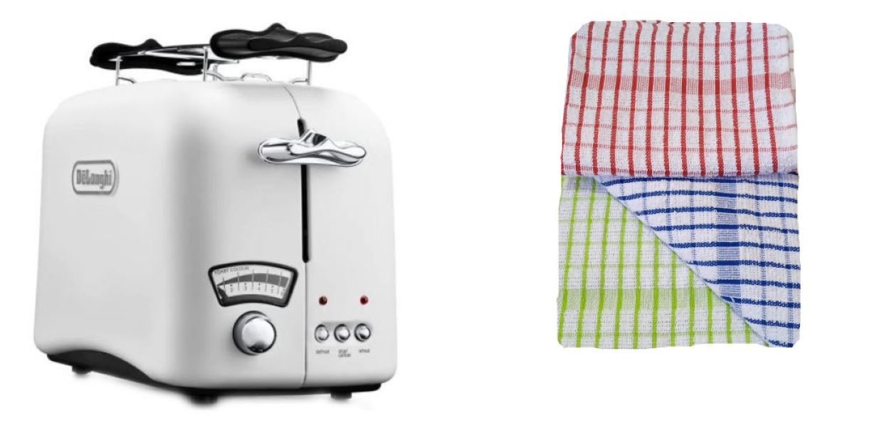 Delonghi Argento 2 Slice Toaster White With 3 Pack Teacloth Combo