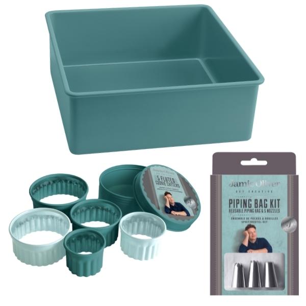 Jamie Oliver – Square Cake Pan/Tin, Fluted Cookie Cutters and Icing Bag Kit