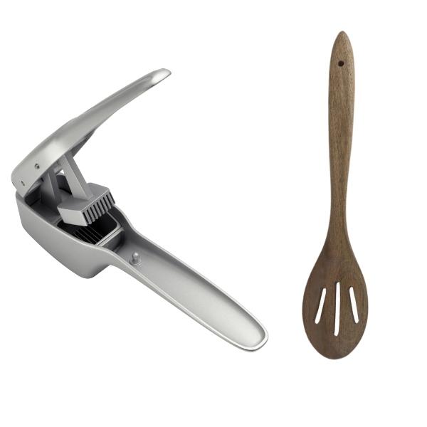 Jamie Oliver – Garlic Press / Cutter and Acacia Slotted Wooden Spoon