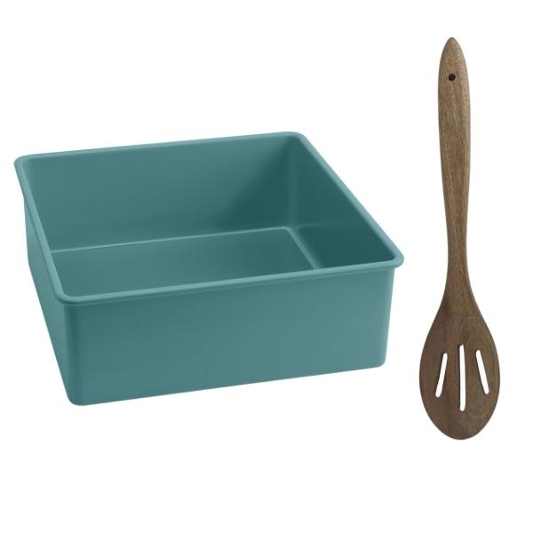 Jamie Oliver – Loose Base Square Cake Tin – 20cm and Acacia Slotted Wooden Spoon