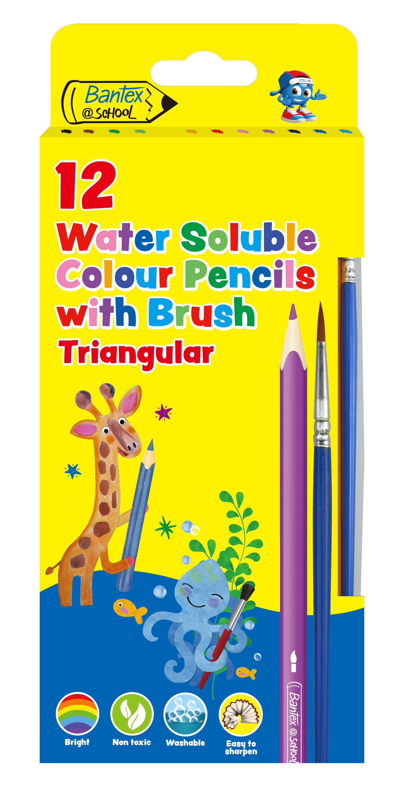 Water soluble Triangular colouring pencils 12`s with Paint Brush