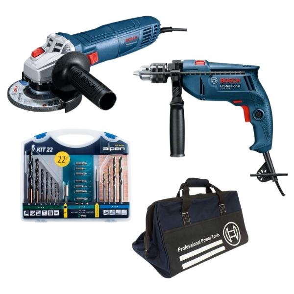Bosch – Impact Drill With Angle Grinder , Tool Bag and Alpen Drill Bit Set