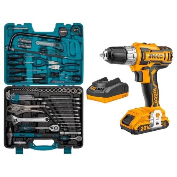Ingco – Cordless Drill Combo (20V) and Mechanics DIY Tool Set (86 Pieces)