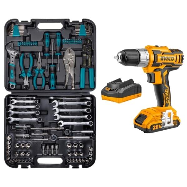 Ingco – Cordless Drill Combo (20V) and Mechanics Hand Tools Set (121)Piece