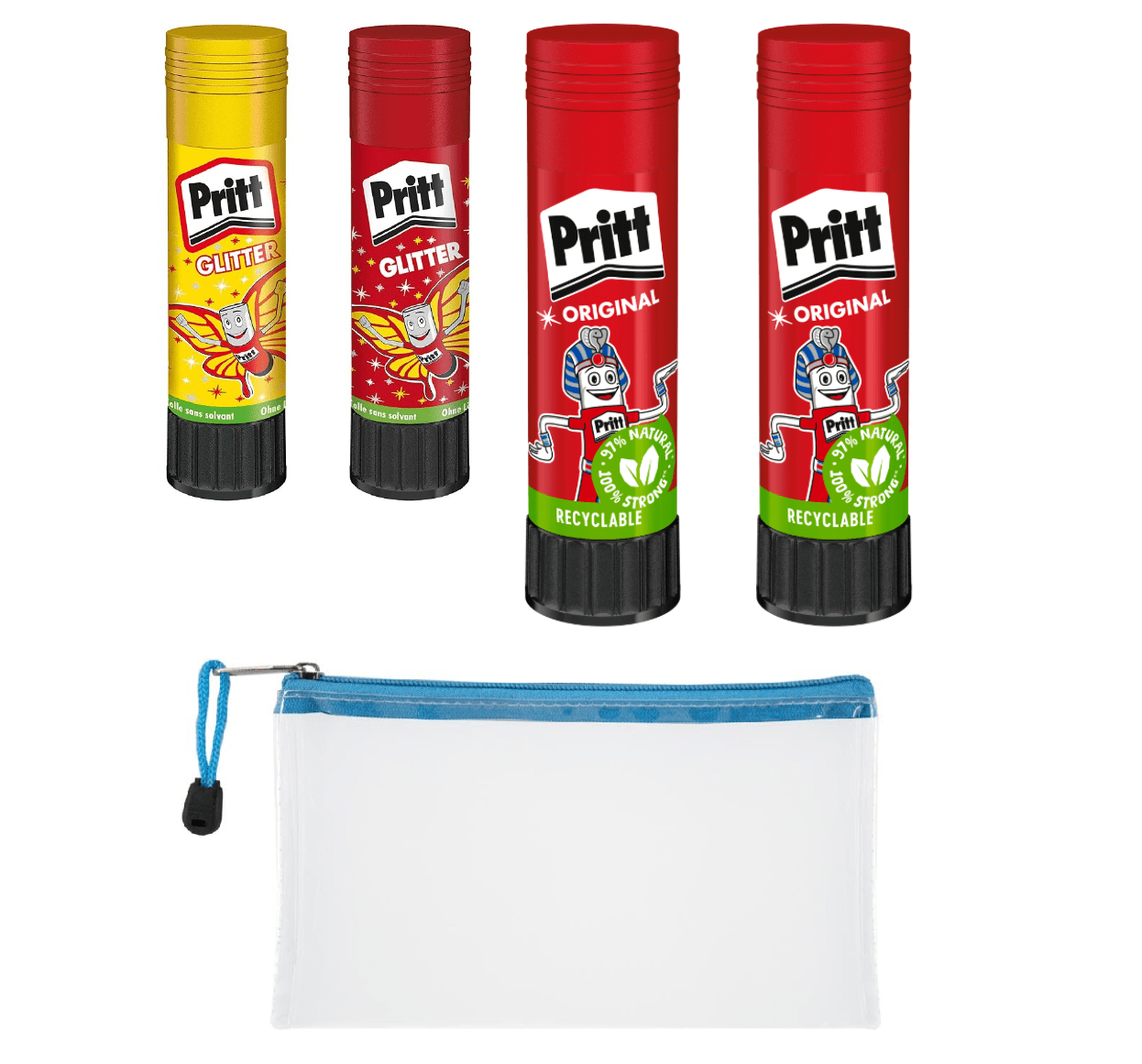 Pritt 43g Glue Stick Pack of 2 + Pencil Bag & 2 Glitter Glue Sticks