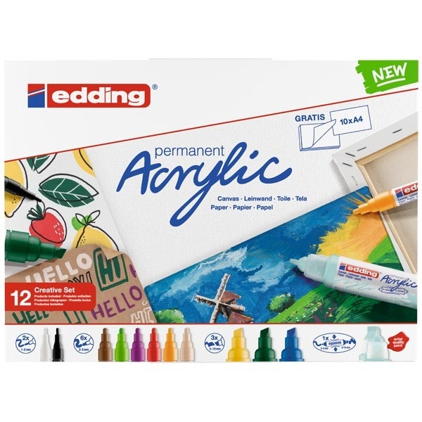 Edding – Permanent Acrylic Creative Set 12 Plus A4 Atist Pad 10 Sheet