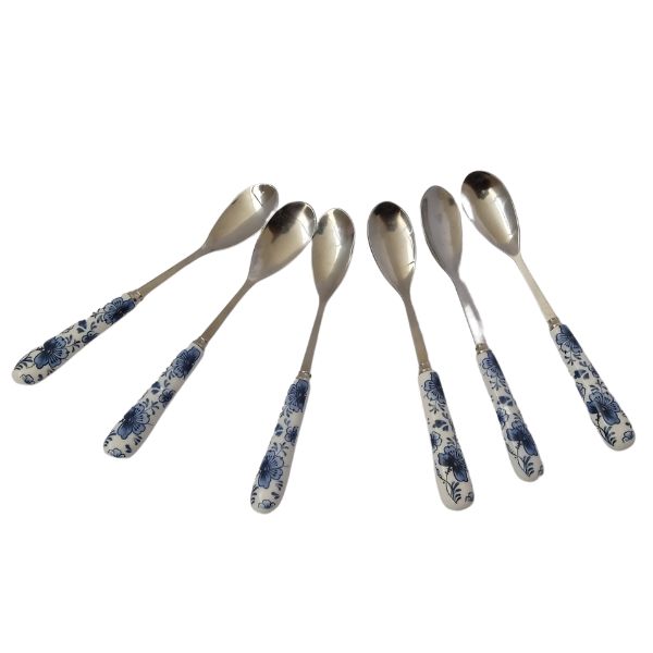 Stainless Steel teaspoon set – 6pc – White with blue flowers