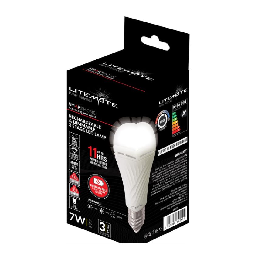 Litemate- Rechargeable A60 E27 LED Light Bulb – (7W) Cool White
