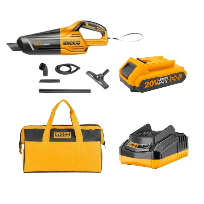 Ingco – Vacuum Cleaner, 2.0Ah Battery, Intelligent Charger & Tool Bag