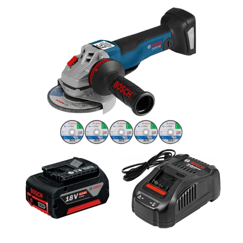 Bosch – Cordless Angle Grinder 1000W, Battery, Charger and Cutting Discs
