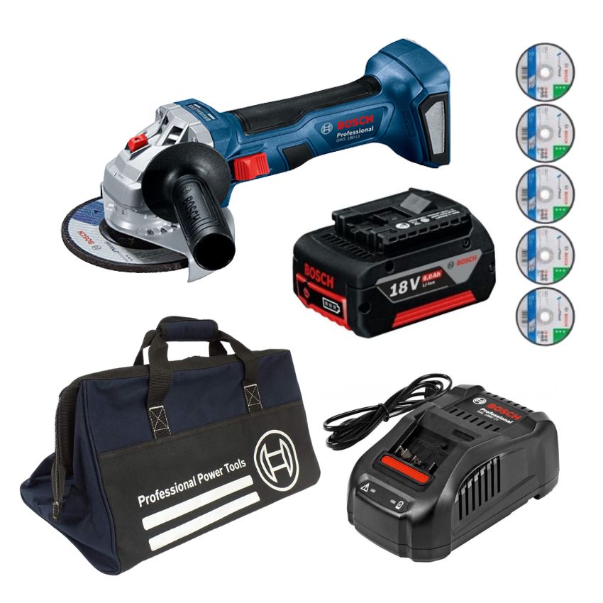Bosch – Cordless Angle Grinder 700W, Battery, Charger, Cutting Discs & Bag