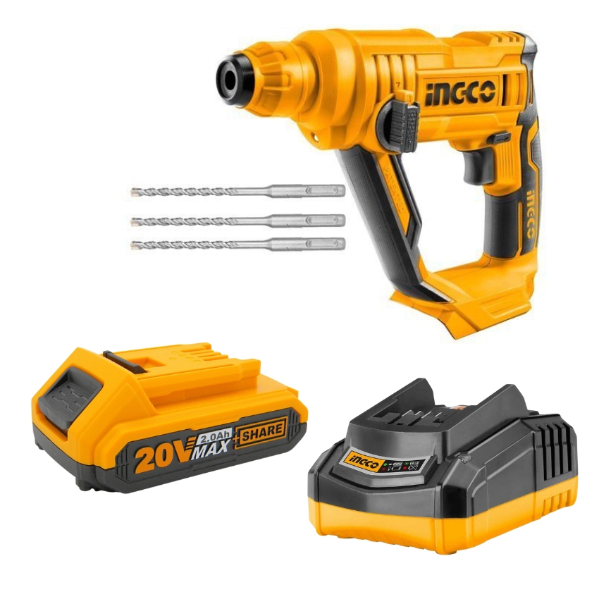 INGCO – Rotary Hammer Cordless 20V – with Charger + Battery Pack – 2.0AH