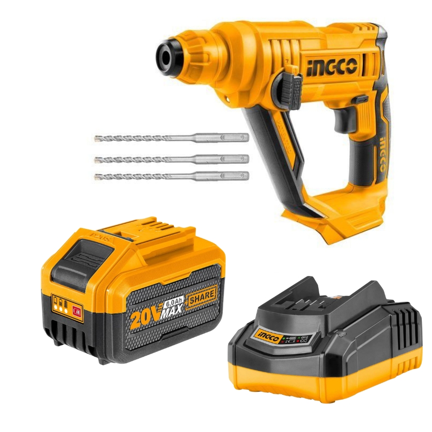 INGCO – Rotary Hammer Cordless 20V – with Charger + Battery Pack – 6.0AH