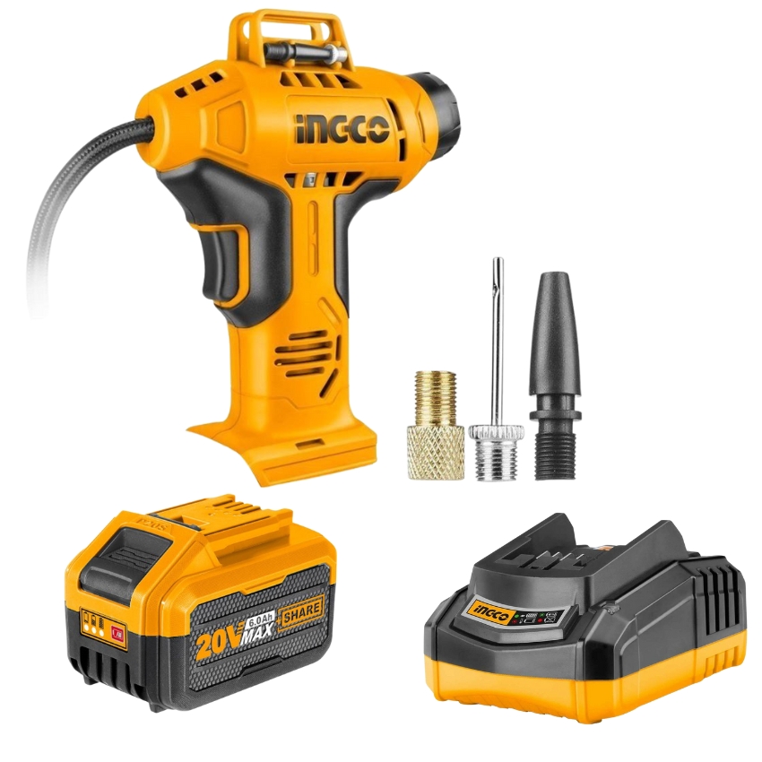 INGCO – Auto Air Compressor 20V with Charger & Battery Pack – (6.0AH)