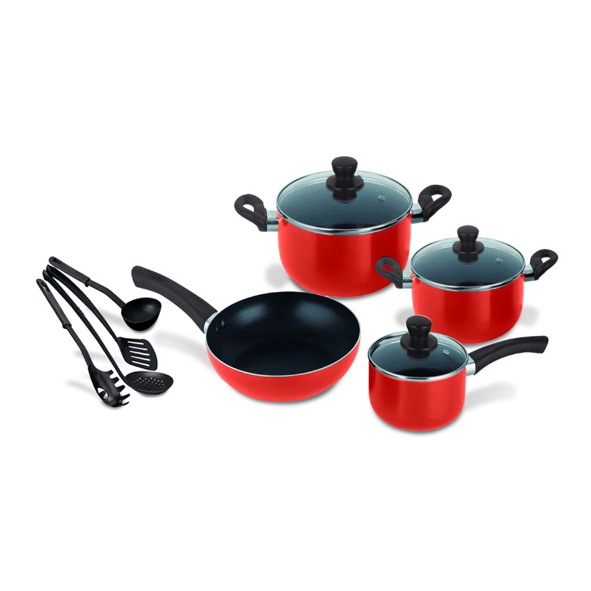 Decakila Non-Stick Aluminium Cookware Set – Red – 11 Piece