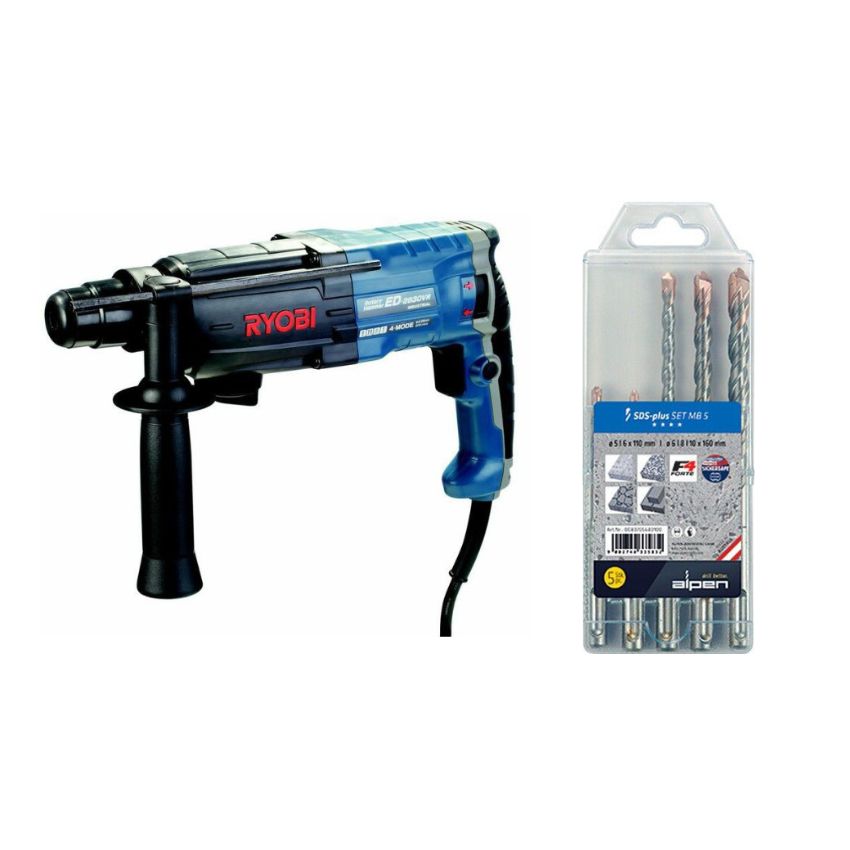 Ryobi – Rotary Hammer 750W 26mm with Alpen – Drill Bit Set – Set of 5