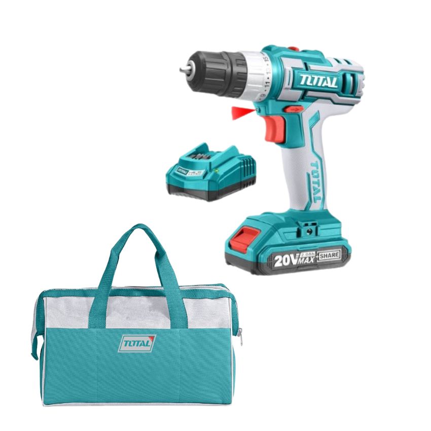 Total Tools – Lithium-Ion Cordless Drill 20V, Battery, Charger & Tool Bag