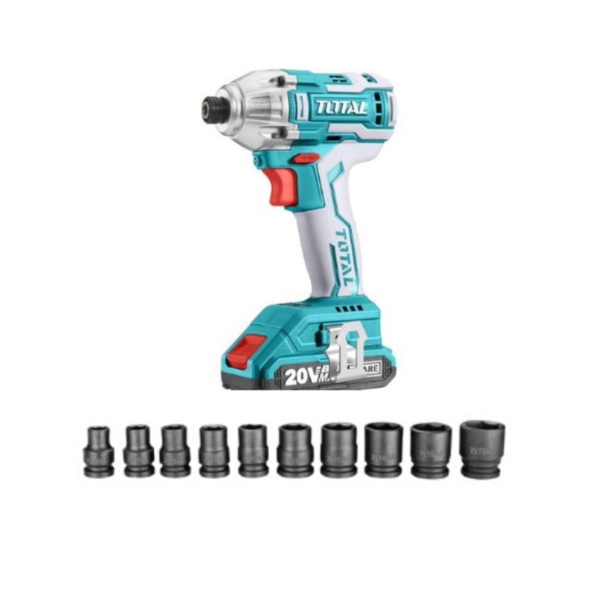 Total Tools – Lithium-Ion Industrial Driver with 10 Piece Impact Socket Set
