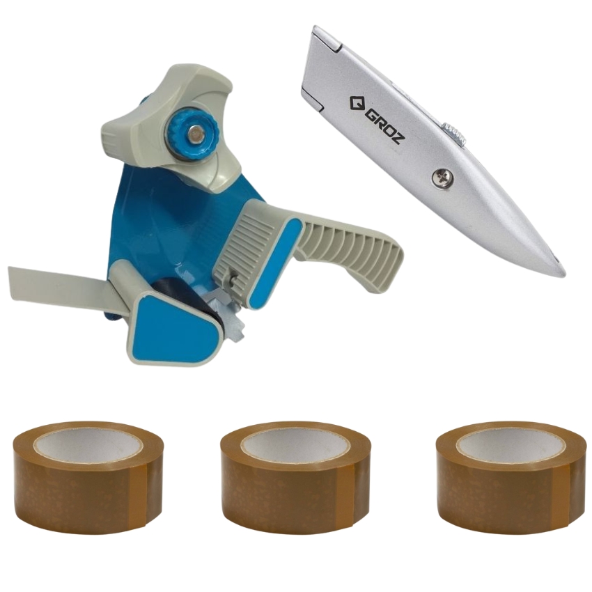 SourceDirect – Tape Dispenser with 100m Buff Tape (x3) and Utility Knife