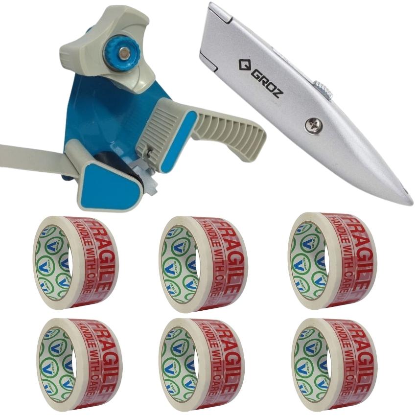 SourceDirect – Tape Dispenser with 50m Fragile Tape (x6) and Utility Knife