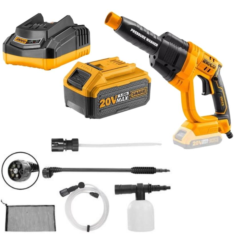 Ingco – Pressure Washer With Accessories and 5.0Ah Battery, Charger Combo