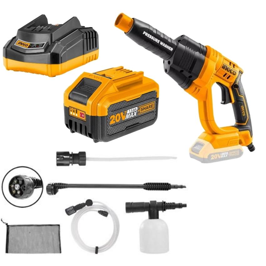 Ingco – Pressure Washer With Accessories and 7.5Ah Battery, Charger Combo