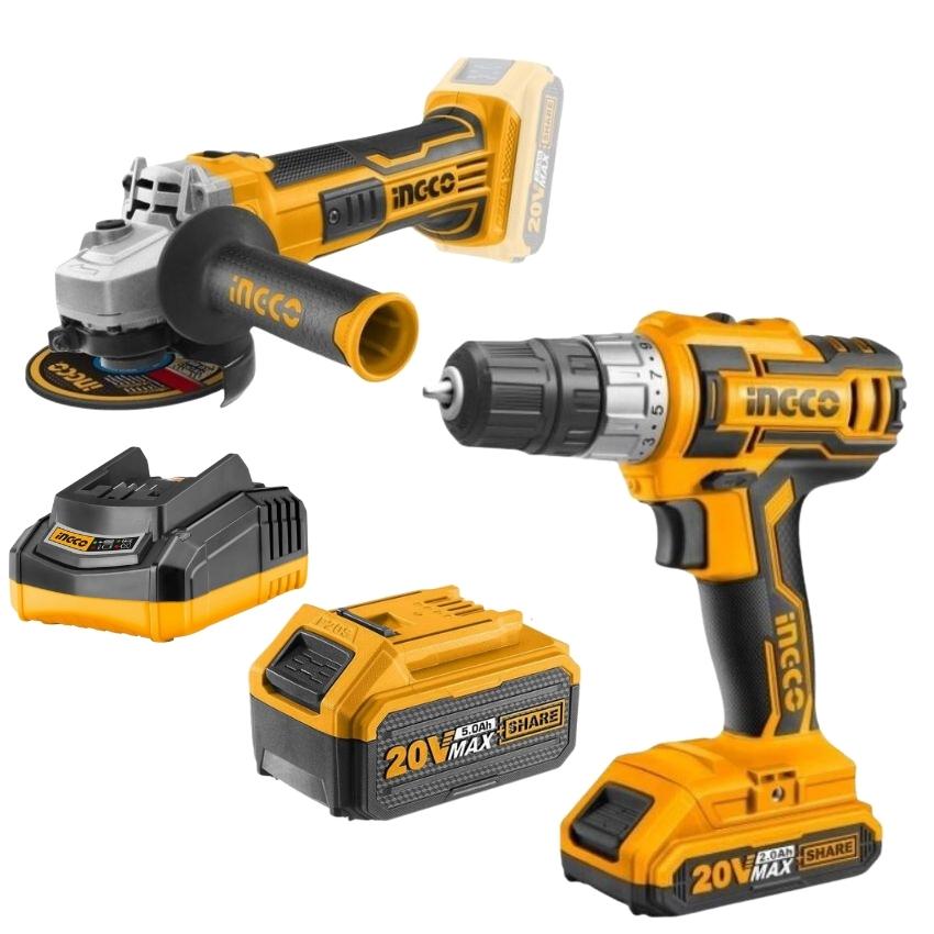 Ingco – Cordless Drill (20V) with Angle Grinder and Battery 5.0AH