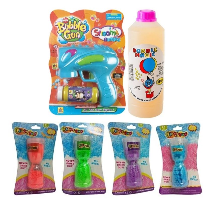 Blue Bubble Blowing Gun, Liquid Refill (1L) & Flowing Sand Combo Pack of 4