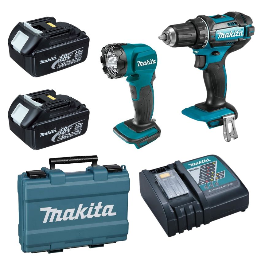 Makita – 18V Cordless Driver Drill, Batteries and Cordless LED Flashlight