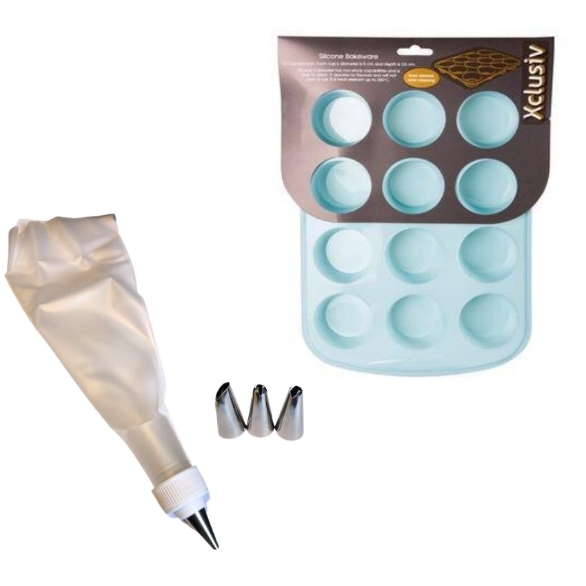 Silicone Cupcake Mould – 12 Cups with Hillhouse Icing Set with 3 Nozzles