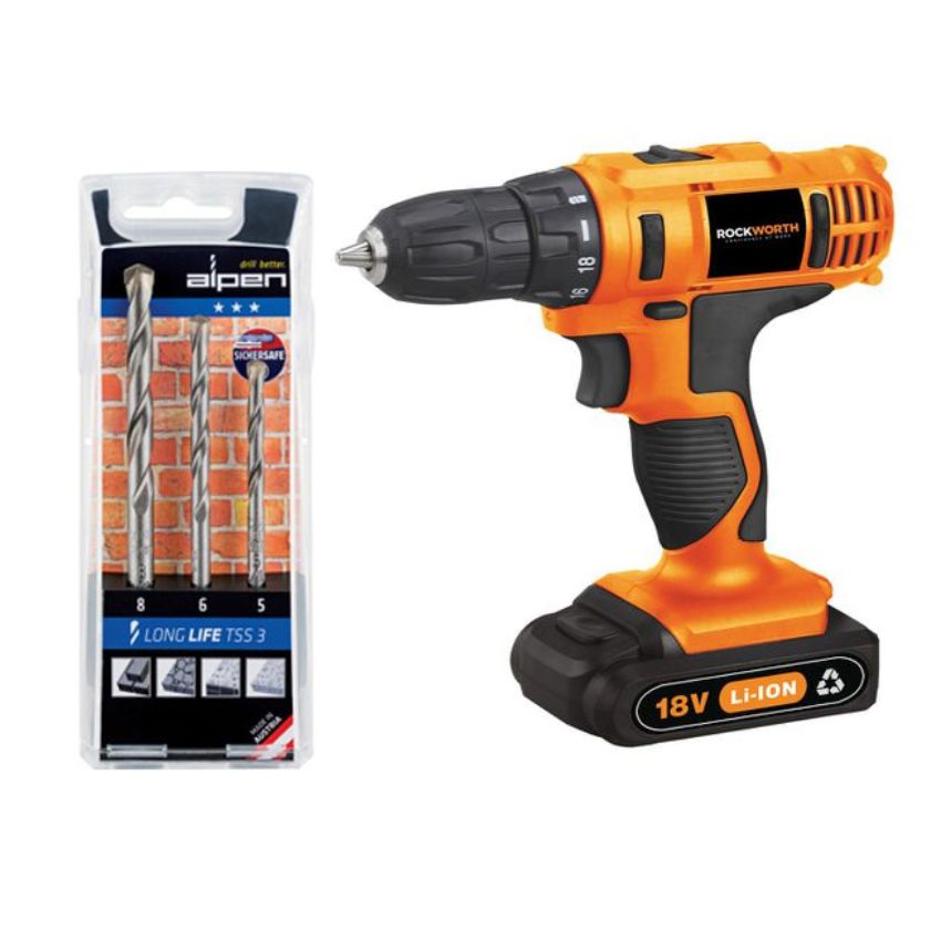 Rockworth – Cordless Drill Combo with Alpen Masonry Drill Bit Set 3 Piece