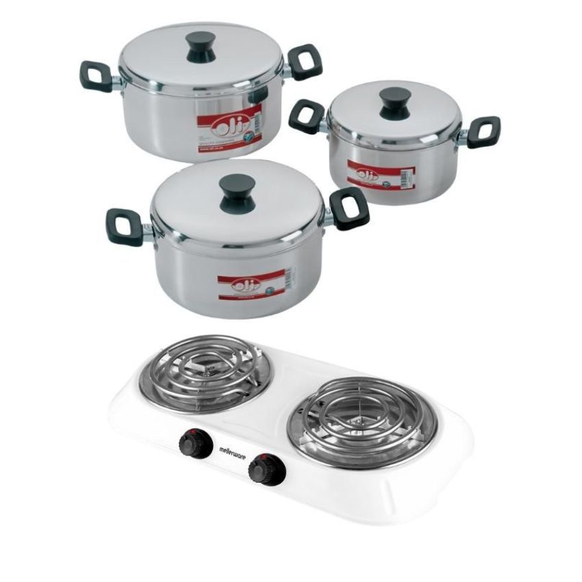 Oli – Polished Aluminium Pot Set – 6 Piece with Hotplate Spiral Plate-White