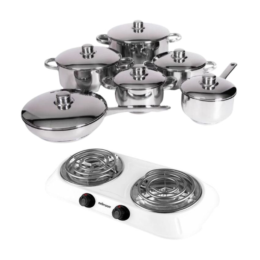 Xcalibur – Stainless Steel Cookware Set – 12 Piece with Hotplate – White