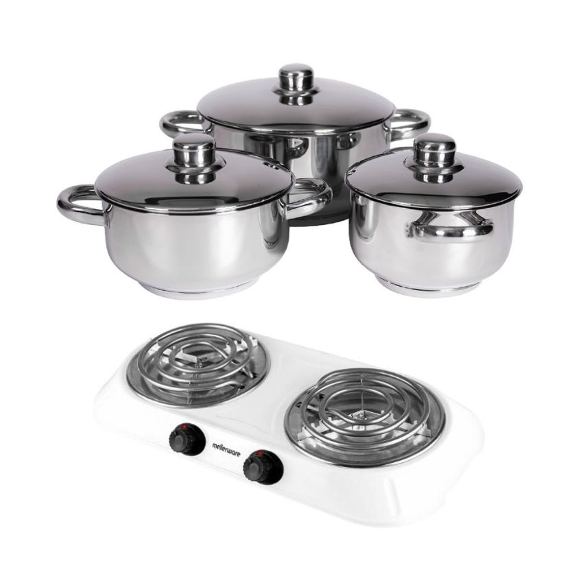 Xcalibur – 6 Piece Stainless Steel Cookware Set with Hotplate – White