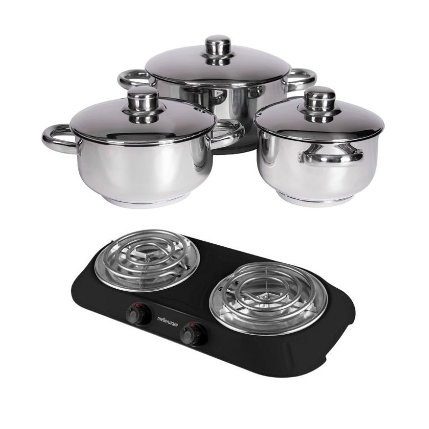 Xcalibur – 6 Piece Stainless Steel Cookware Set with Hotplate – Black