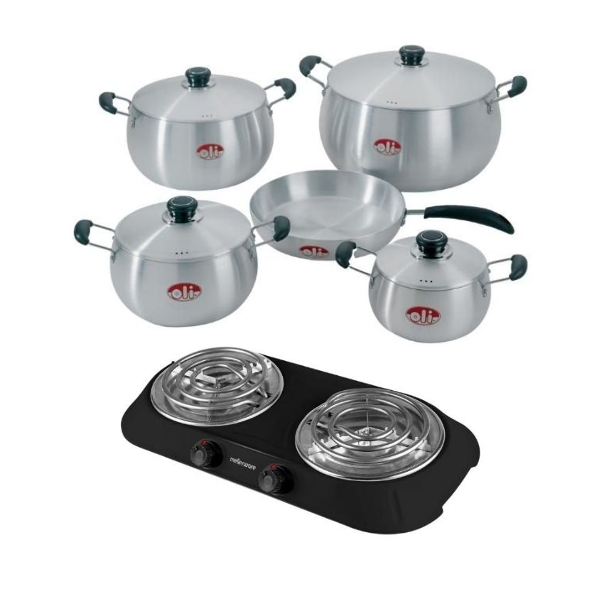 Oli – Rhino Casserole Pot Set – 9 Piece with Hotplate – Black
