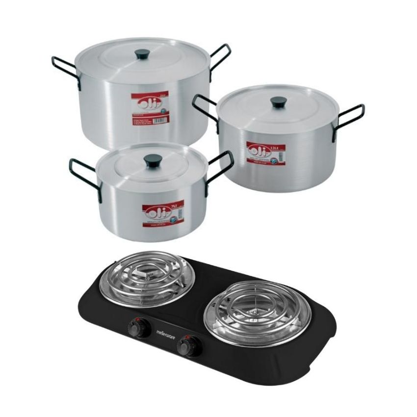 Oli – Emeried Finish Stewpot Set (7,12,21L) – 6 Piece & Hotplate
