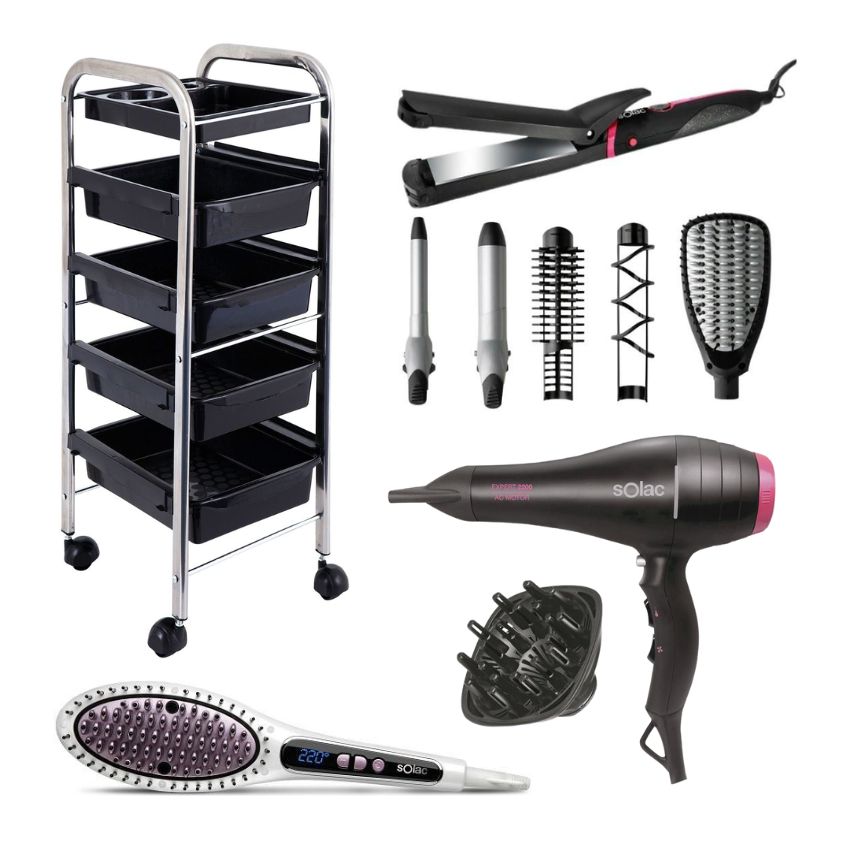 Solac – 7in1 Hair Styler, Hot Brush, Hair Dryer & 5 Tier Salon Trolley