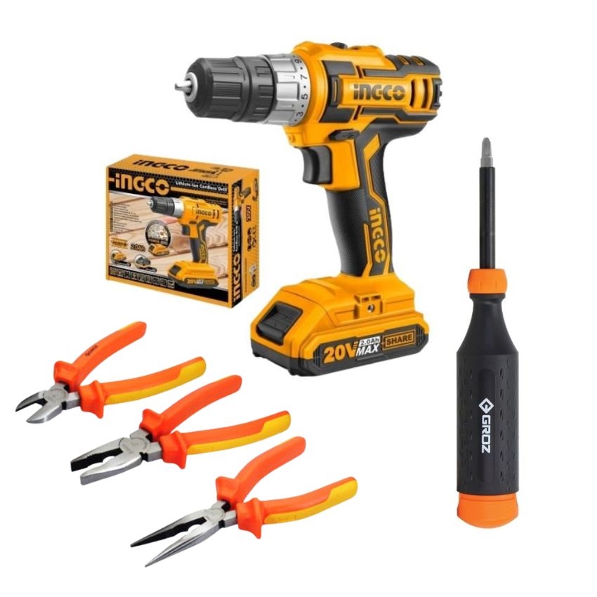 Ingco – Cordless Drill (20V), 14pc Retractable Screwdriver & 3pc Plier Set