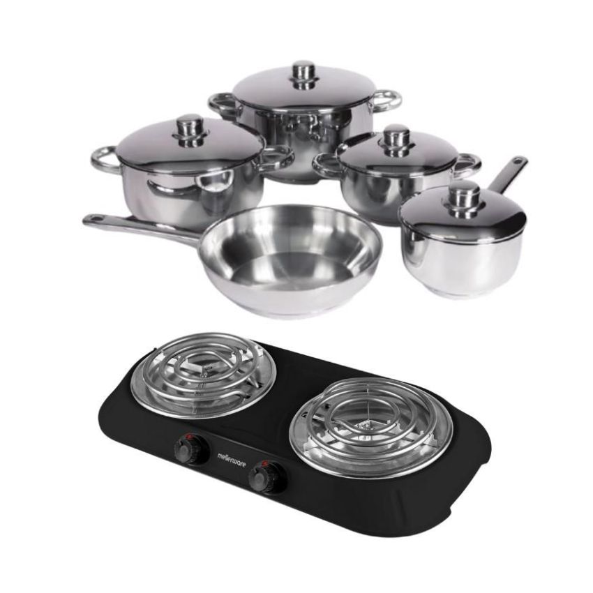 Xcalibur – Stainless Steel Cookware Set – 9 Piece with Hotplate – Black