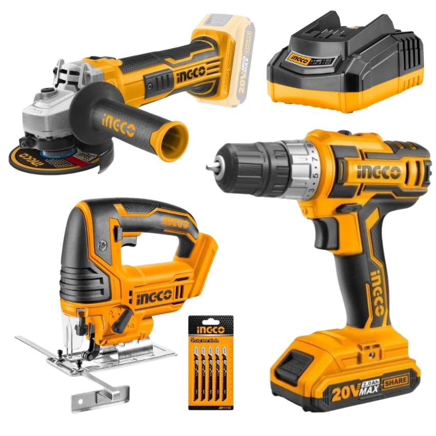 Ingco – Cordless Drill, Grinder and Jigsaw Set with Battery and Charger
