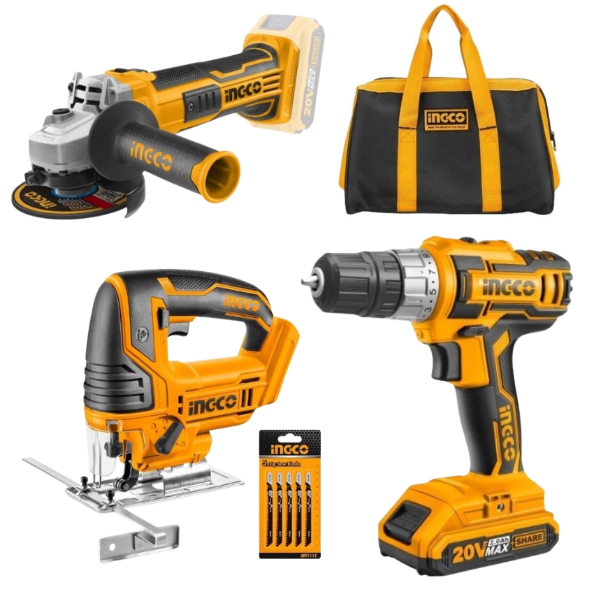 Ingco – Cordless Drill,Grinder and Jigsaw Set with Battery,Charger and Bag