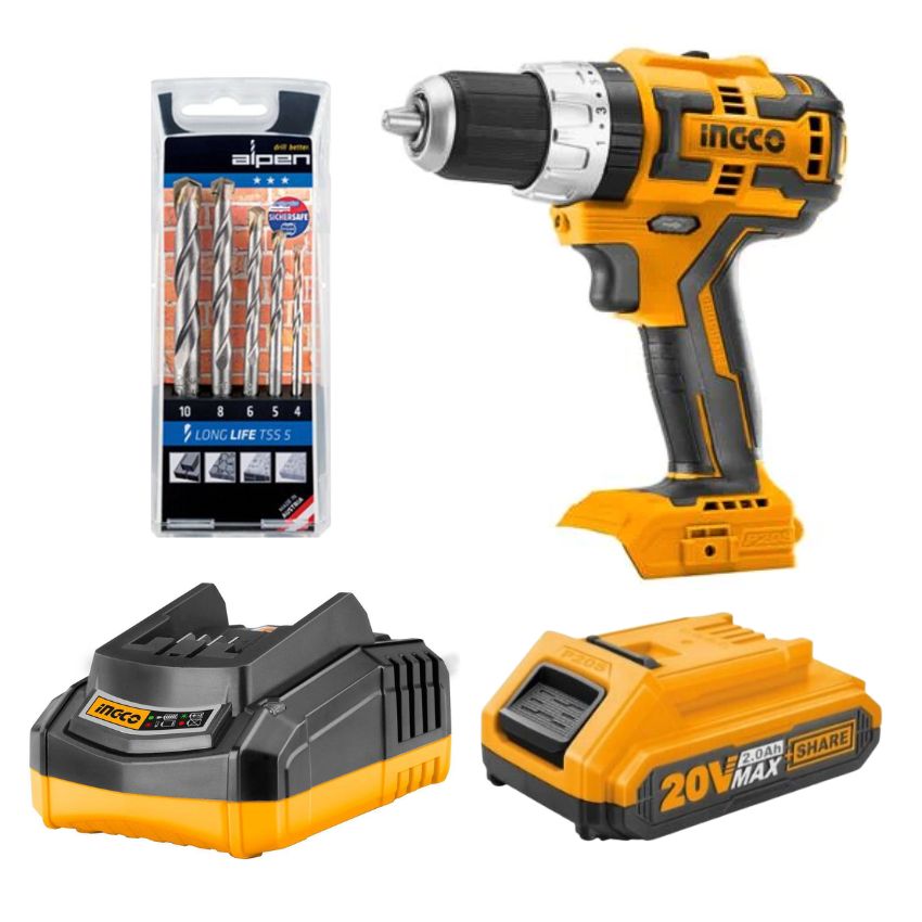 Ingco – Lithium Impact Drill, Charger, 2.0Ah Battery & 5 Pce Drill Bit Set